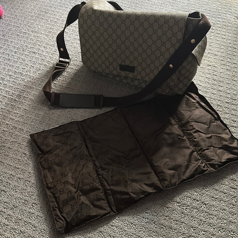 GG tan and brown canvas diaper bag